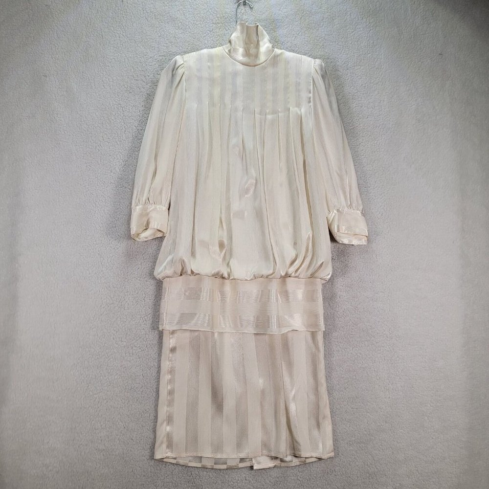 Vtg Billy Jack for Her Ivory Satin Striped Pleated Drop Waist High Neck Blouson